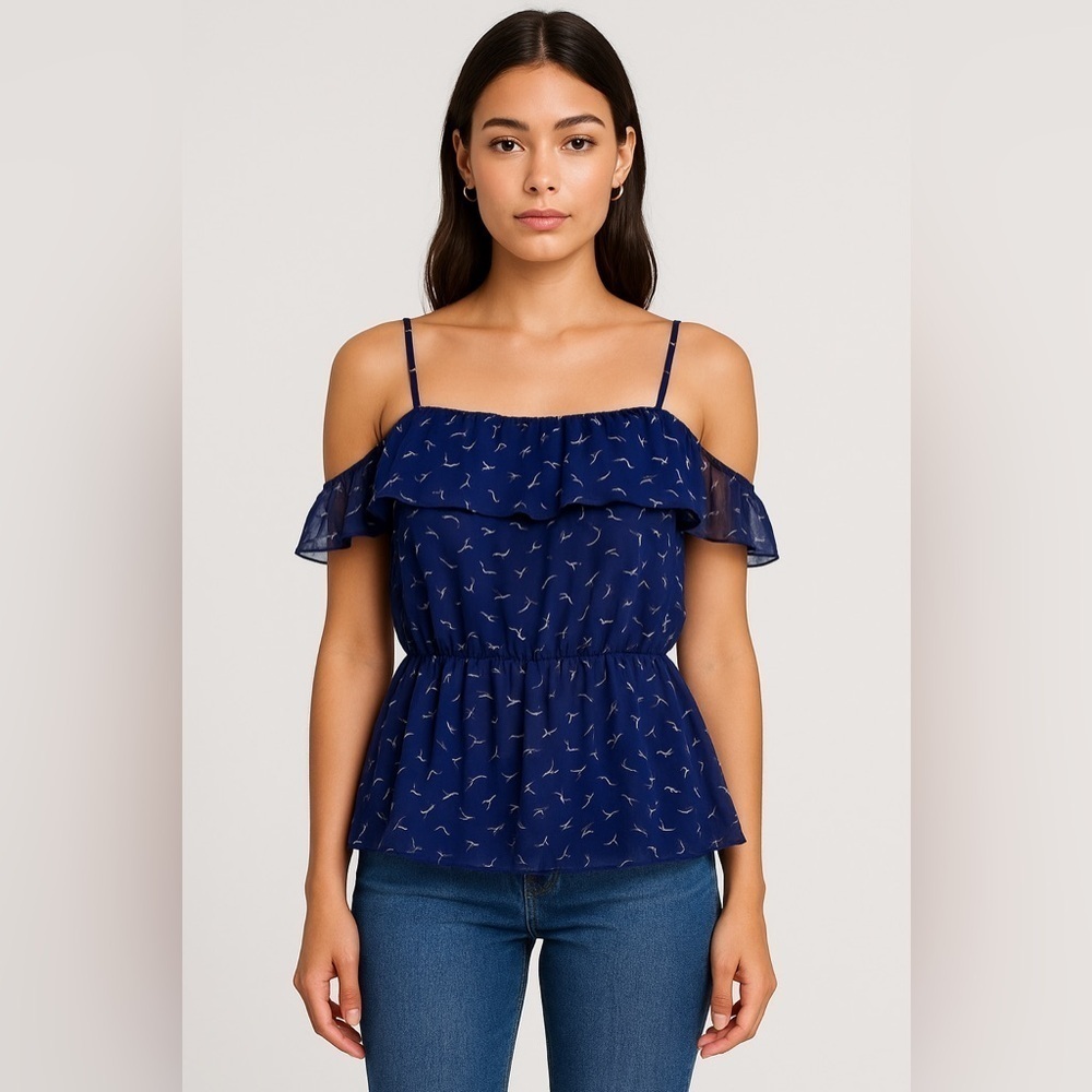 One Clothing Los Angeles Navy Blue Crane Print Sheer Peplum Blouse Women’s L